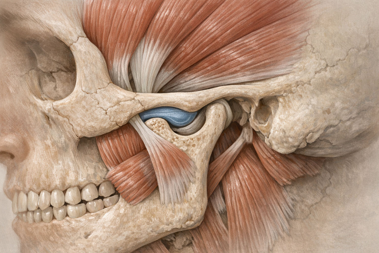 Anatomical drawing of labeled temporomandibular joint muscles