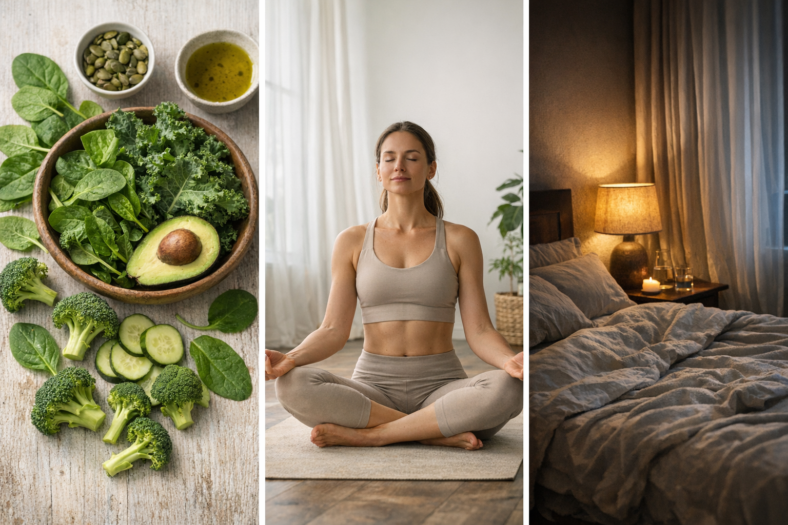 Collage of leafy greens, yoga pose, darkened bedroom