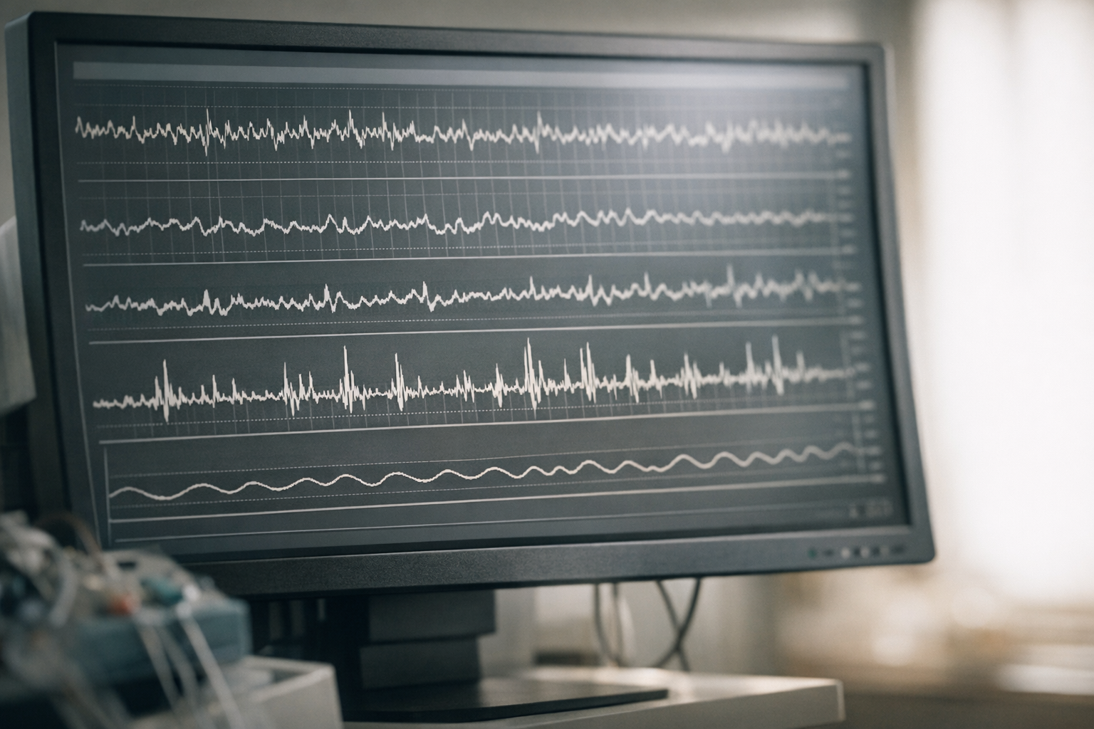 Polysomnogram screen showing muscle activity spikes