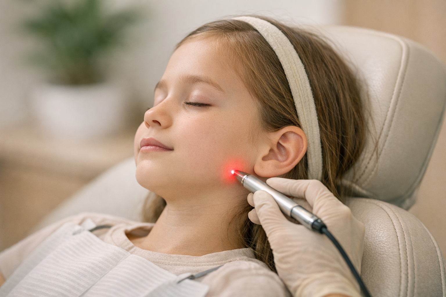 Dentist using laser on child's jaw acupuncture point