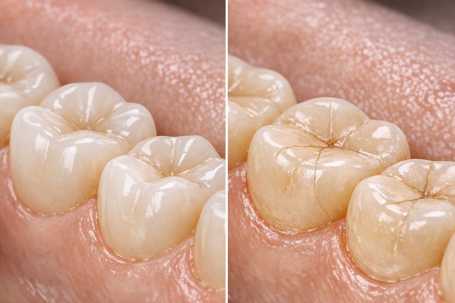 Diagram of normal versus worn tooth surfaces