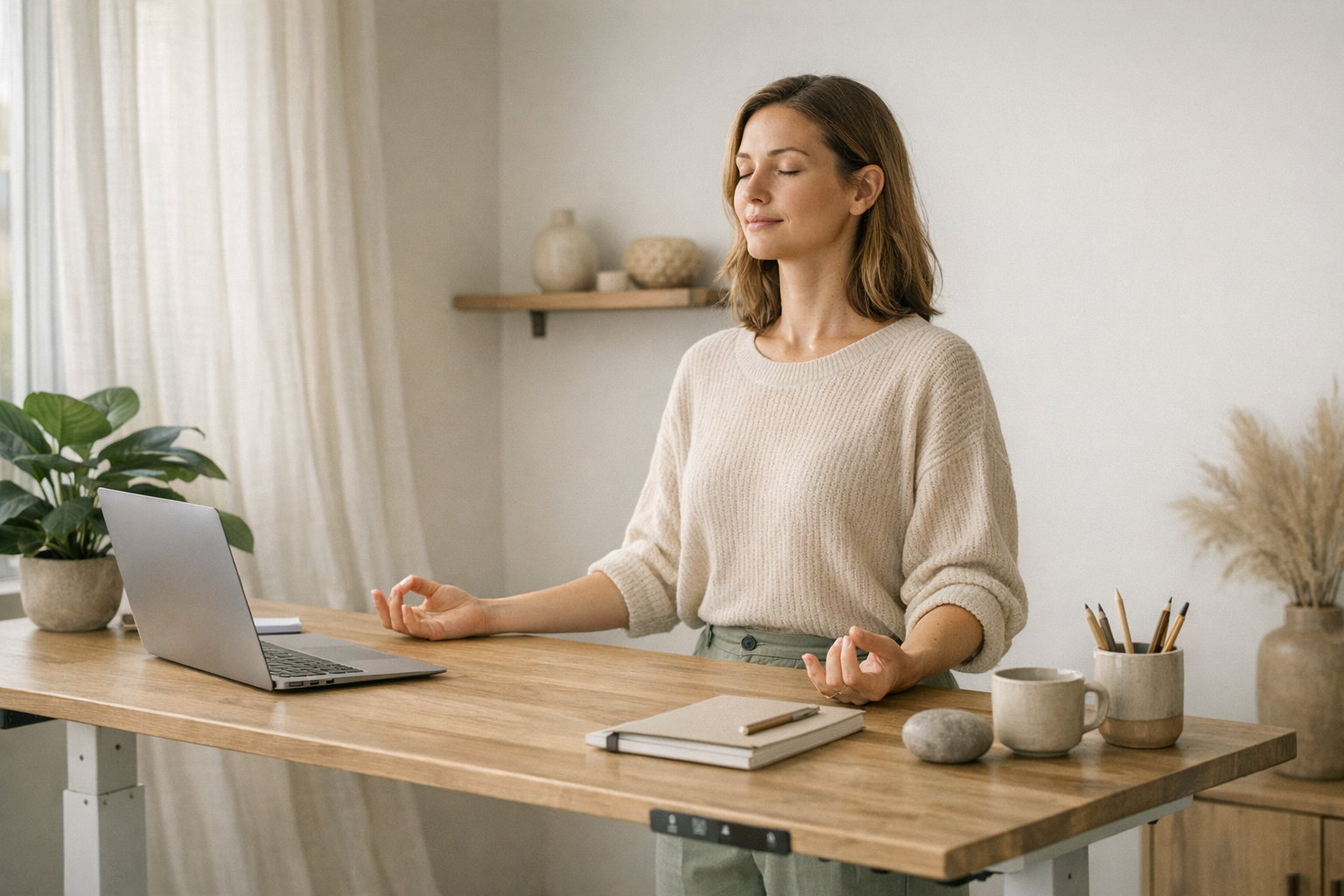 Person practicing mindfulness at a standing desk