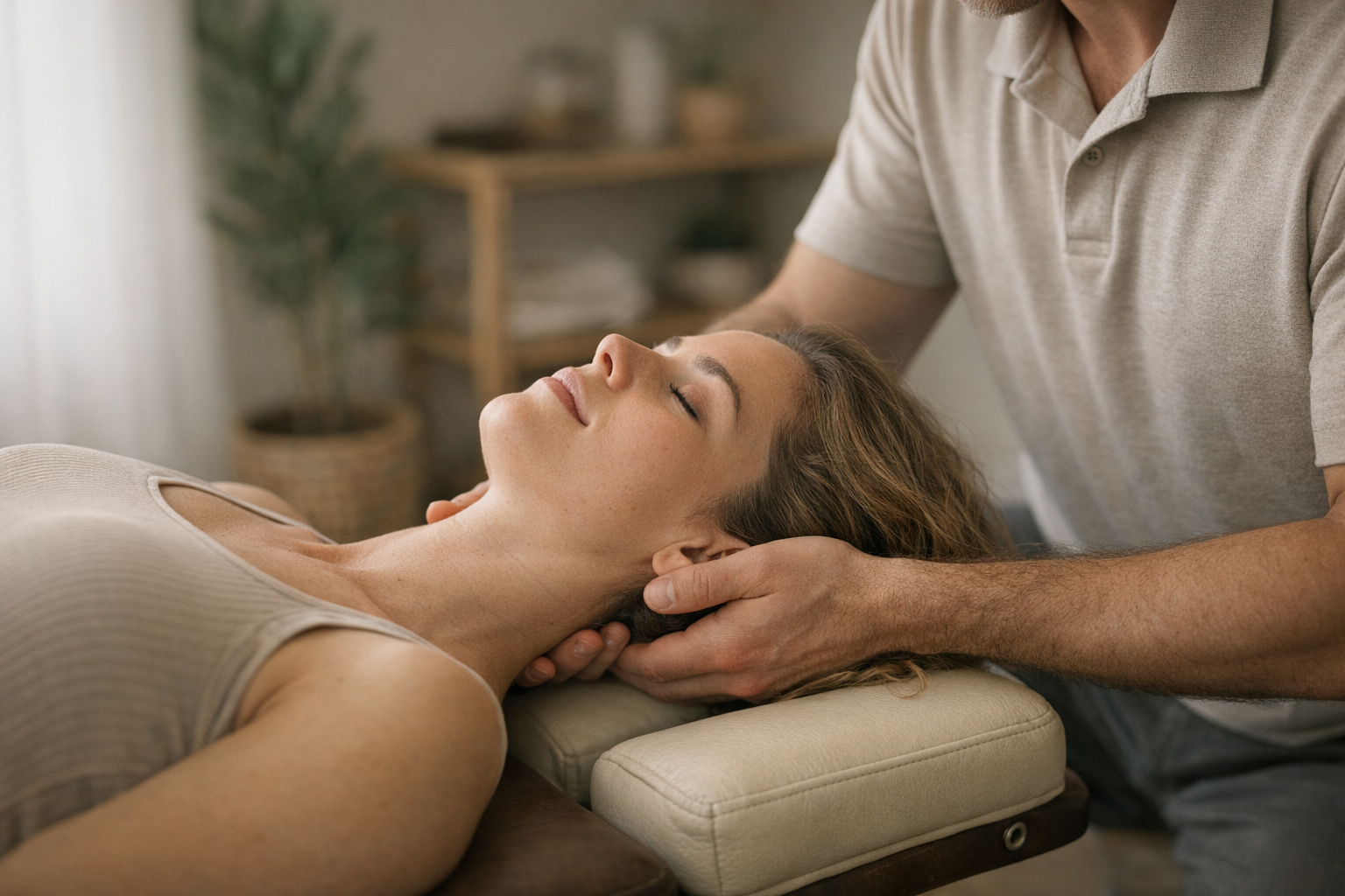 Chiropractor performing cervical adjustment on patient