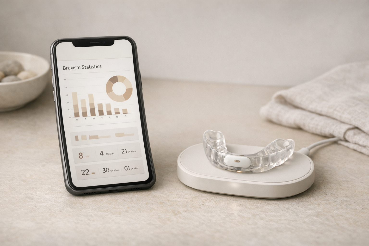 Smartphone with bruxism stats and biofeedback night guard