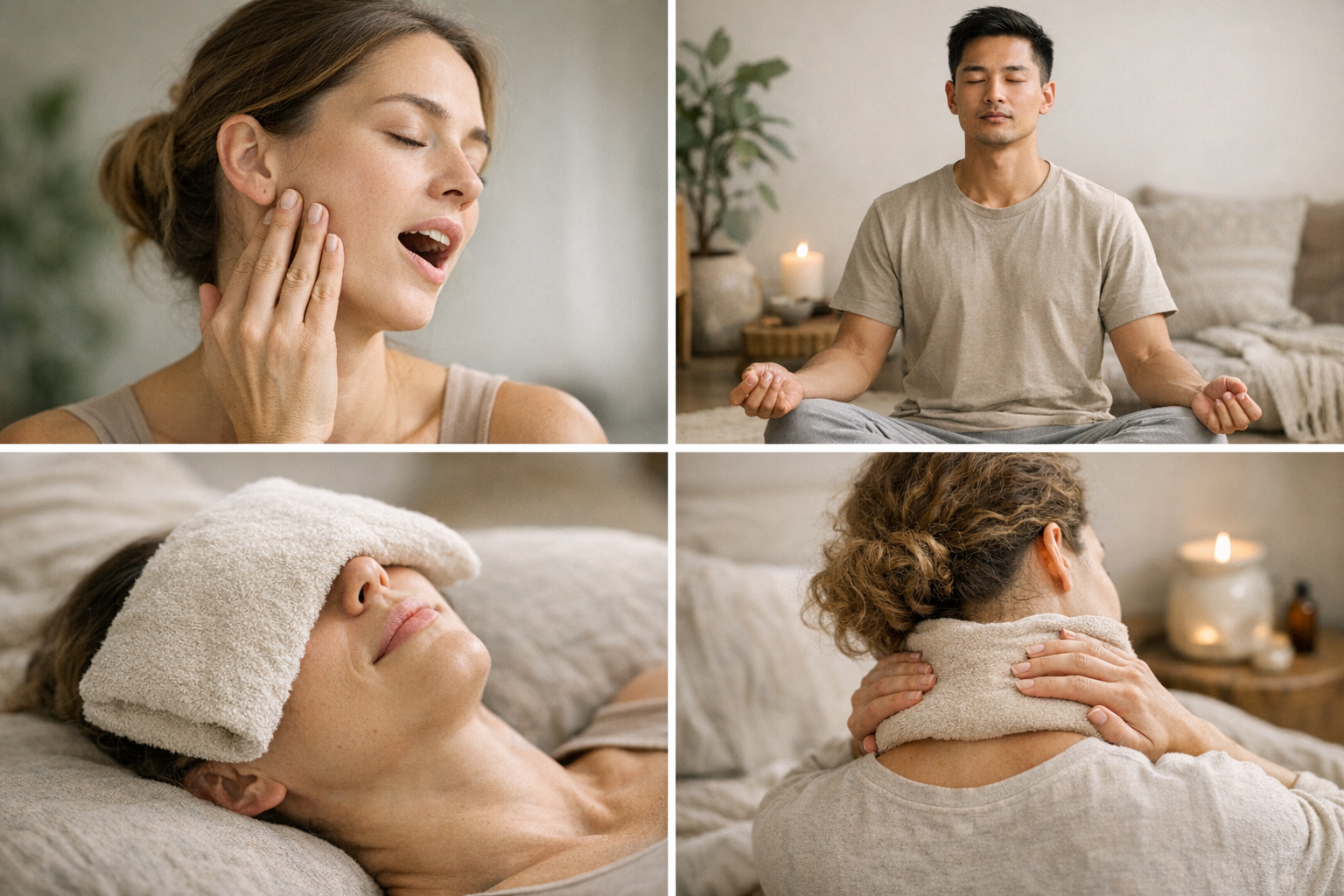 Collage of jaw pain stress-relief techniques