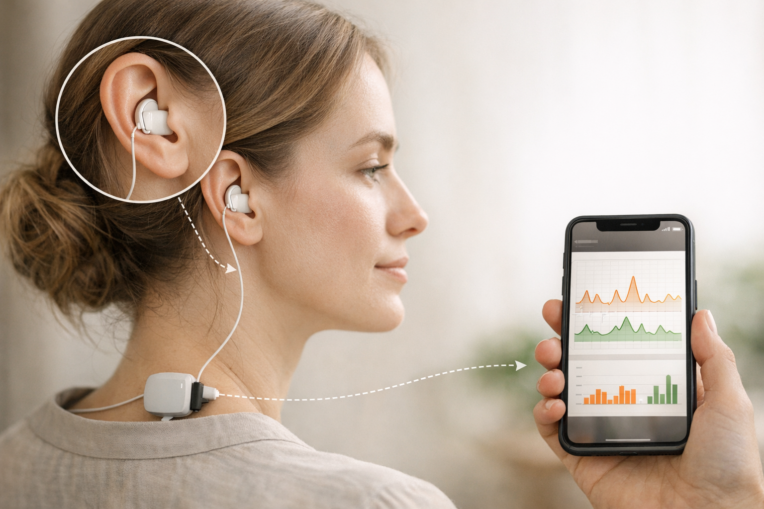 In-ear biofeedback sensor diagram linked to smartphone app