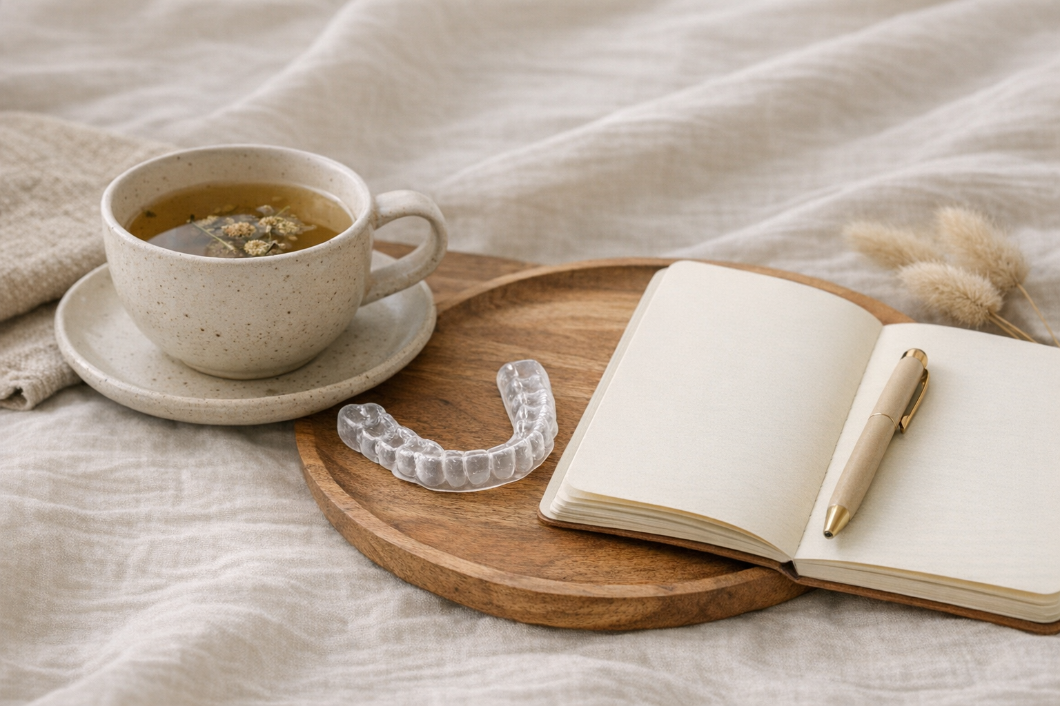 Morning routine with herbal tea, journal, night guard