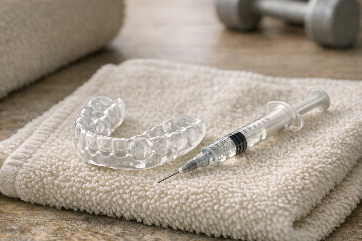 Custom mouthguard and BTX-A syringe on gym towel