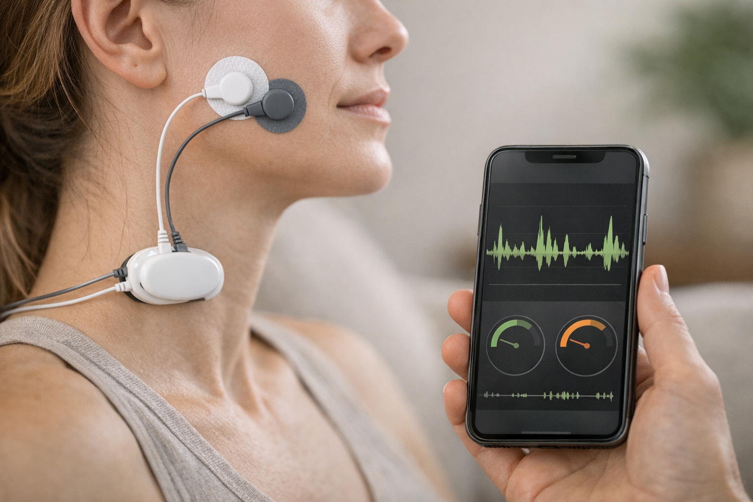 Biofeedback device with EMG leads and smartphone app