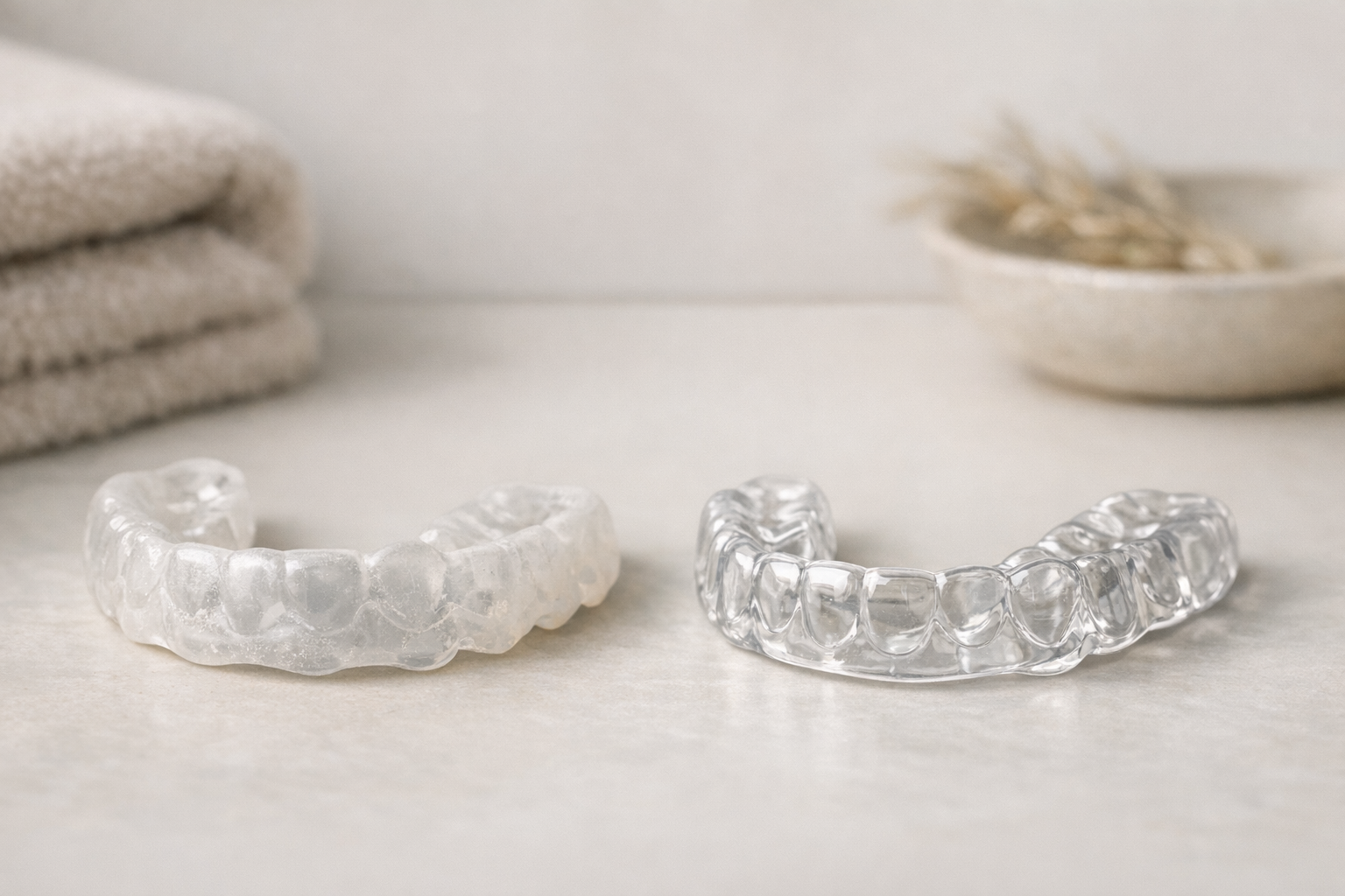 Boil-and-bite guard beside custom dental night guard