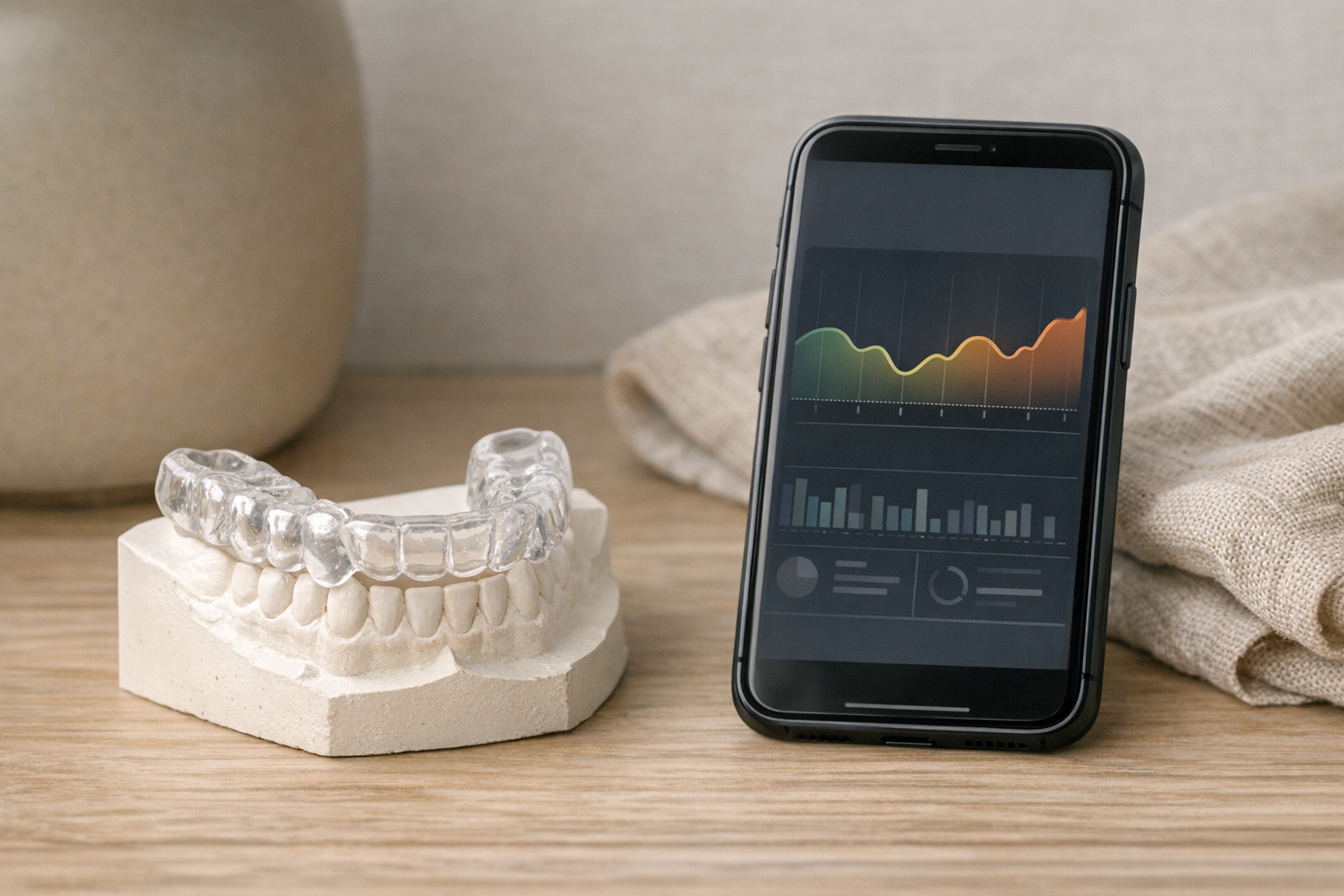 Acrylic night guard with biofeedback app display