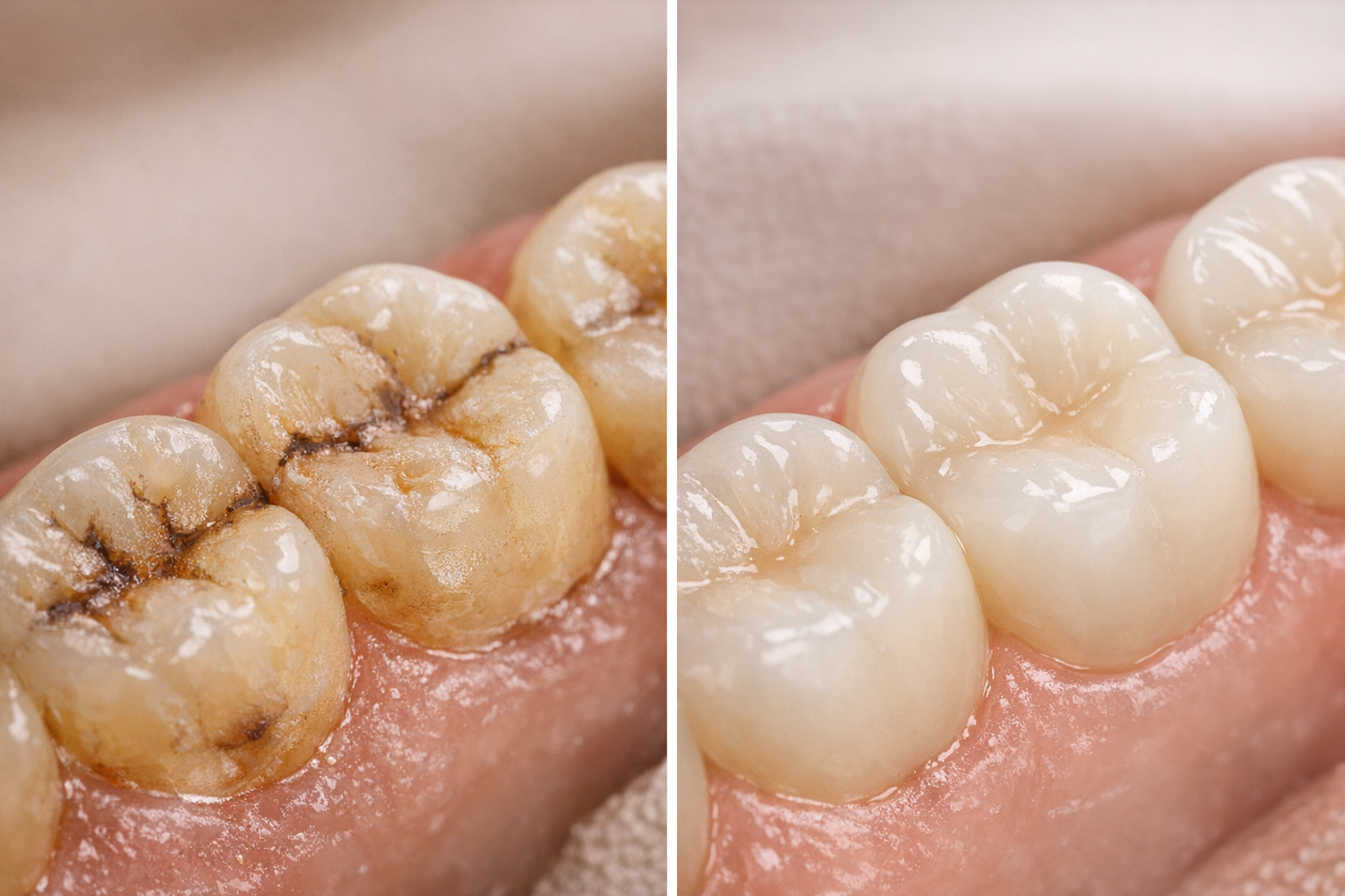 Comparison of worn teeth and healthy enamel