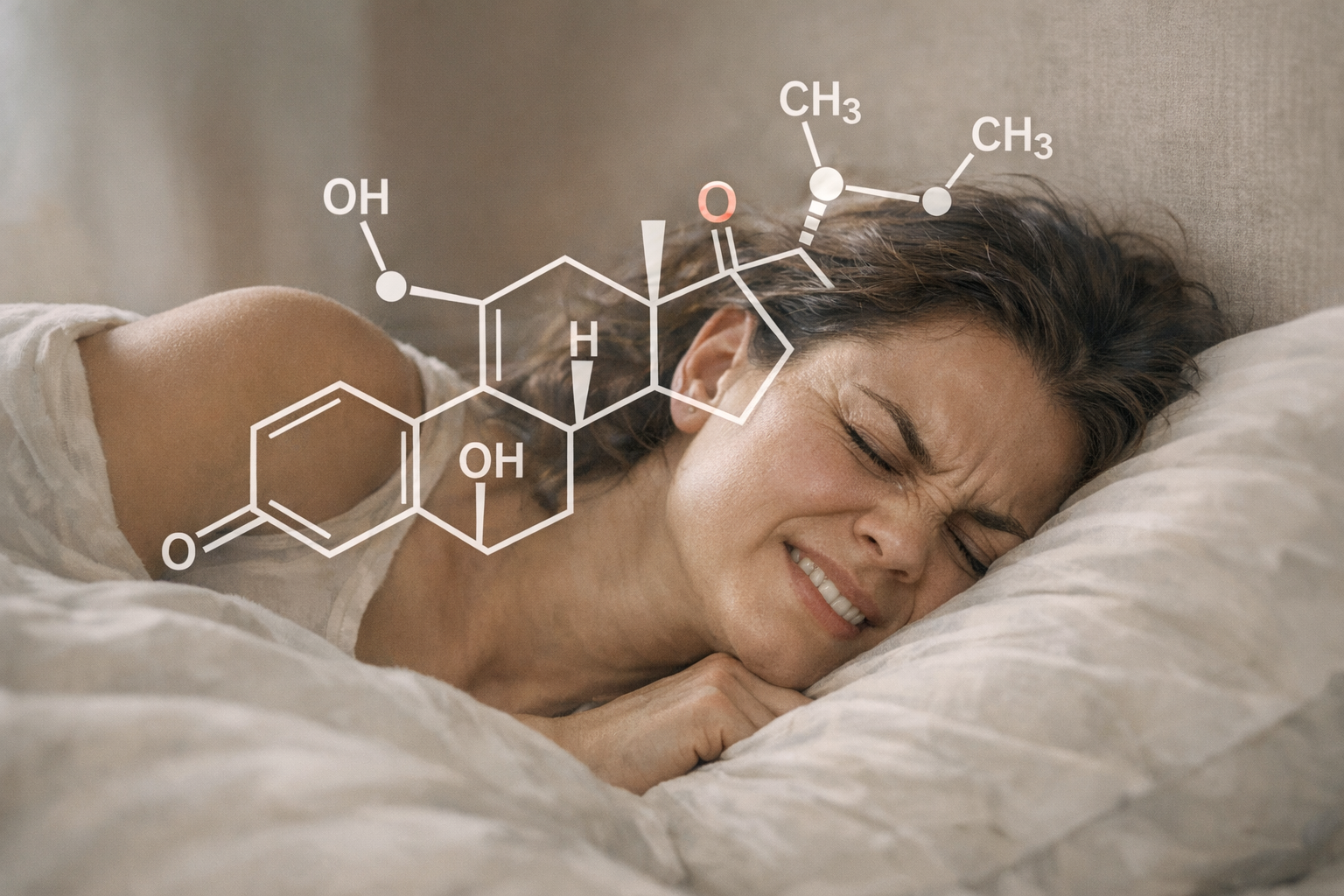 Cortisol molecule over sleeping person with clenched jaw