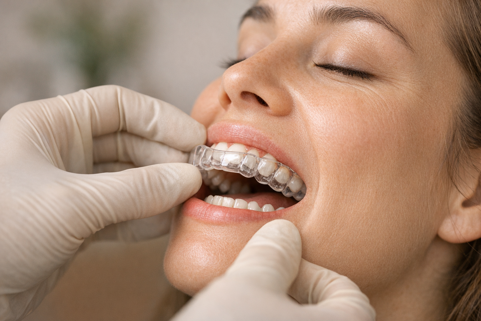 Dentist fitting resin splint between patient's teeth