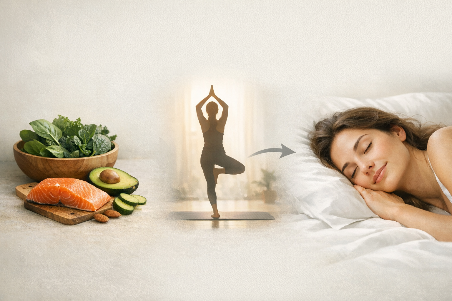 Diet and yoga improving sleep quality illustration