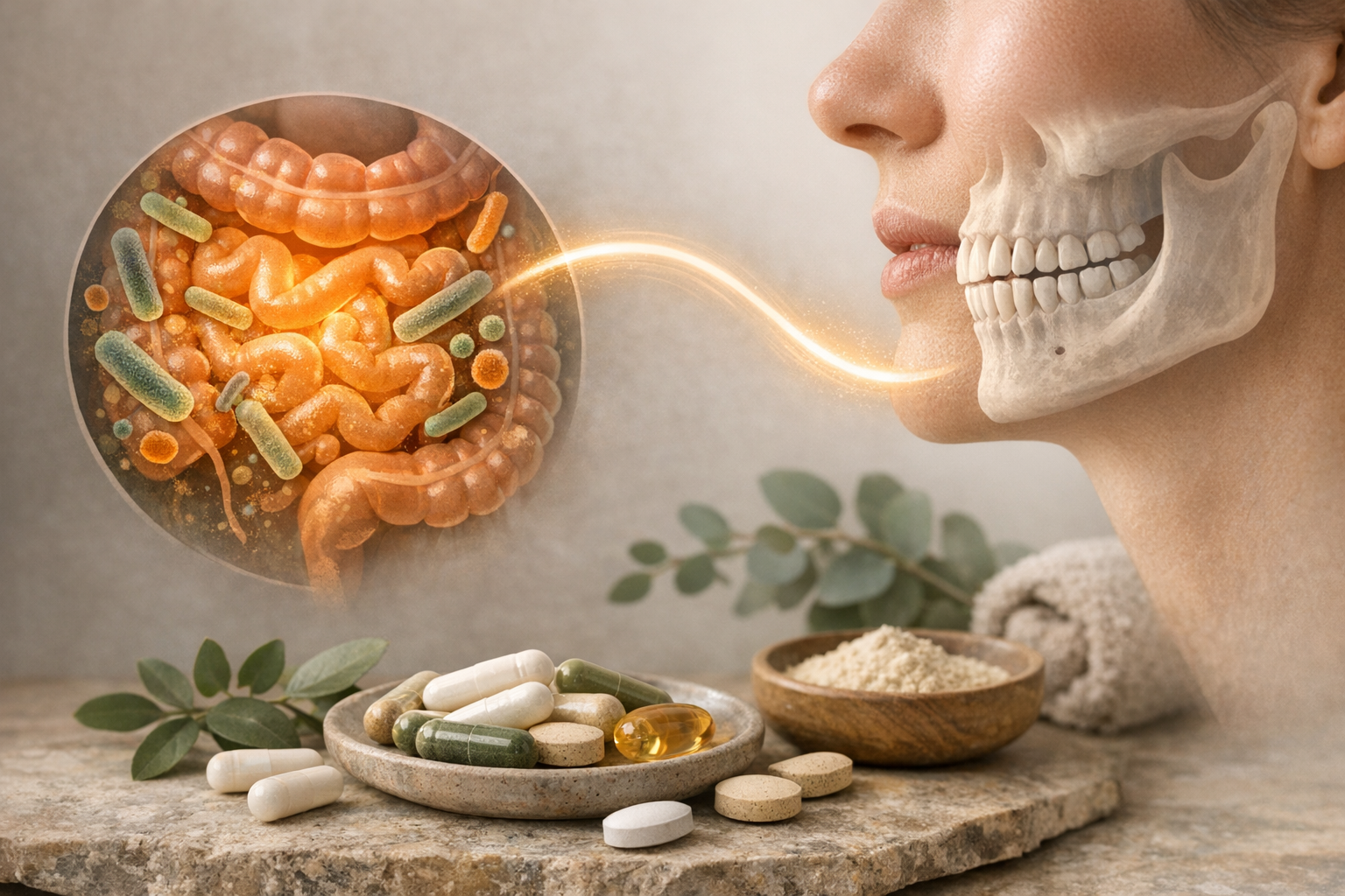 Pills and gut bacteria illustrating gut-jaw connection