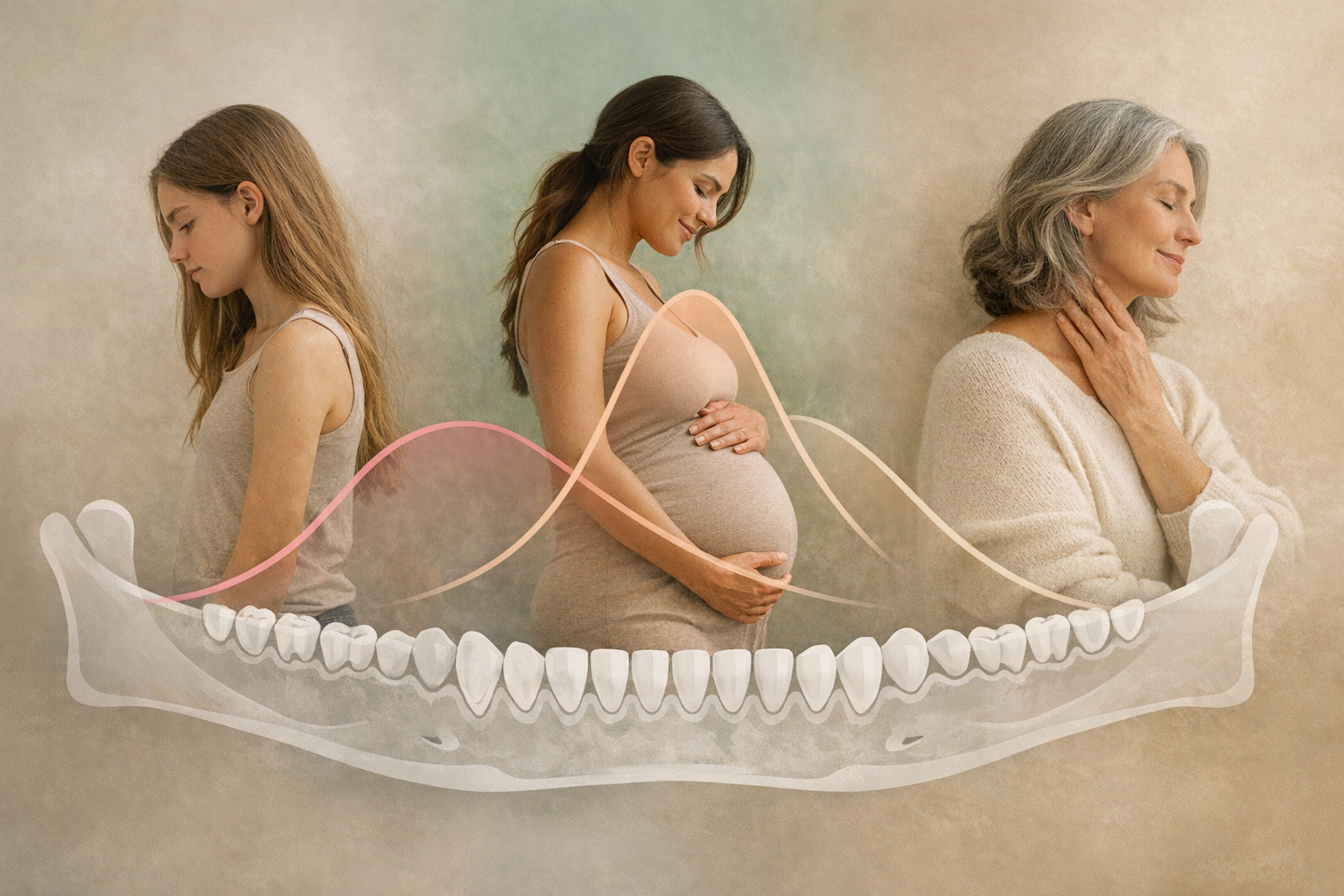 Timeline with puberty, pregnancy, menopause, and estrogen curves