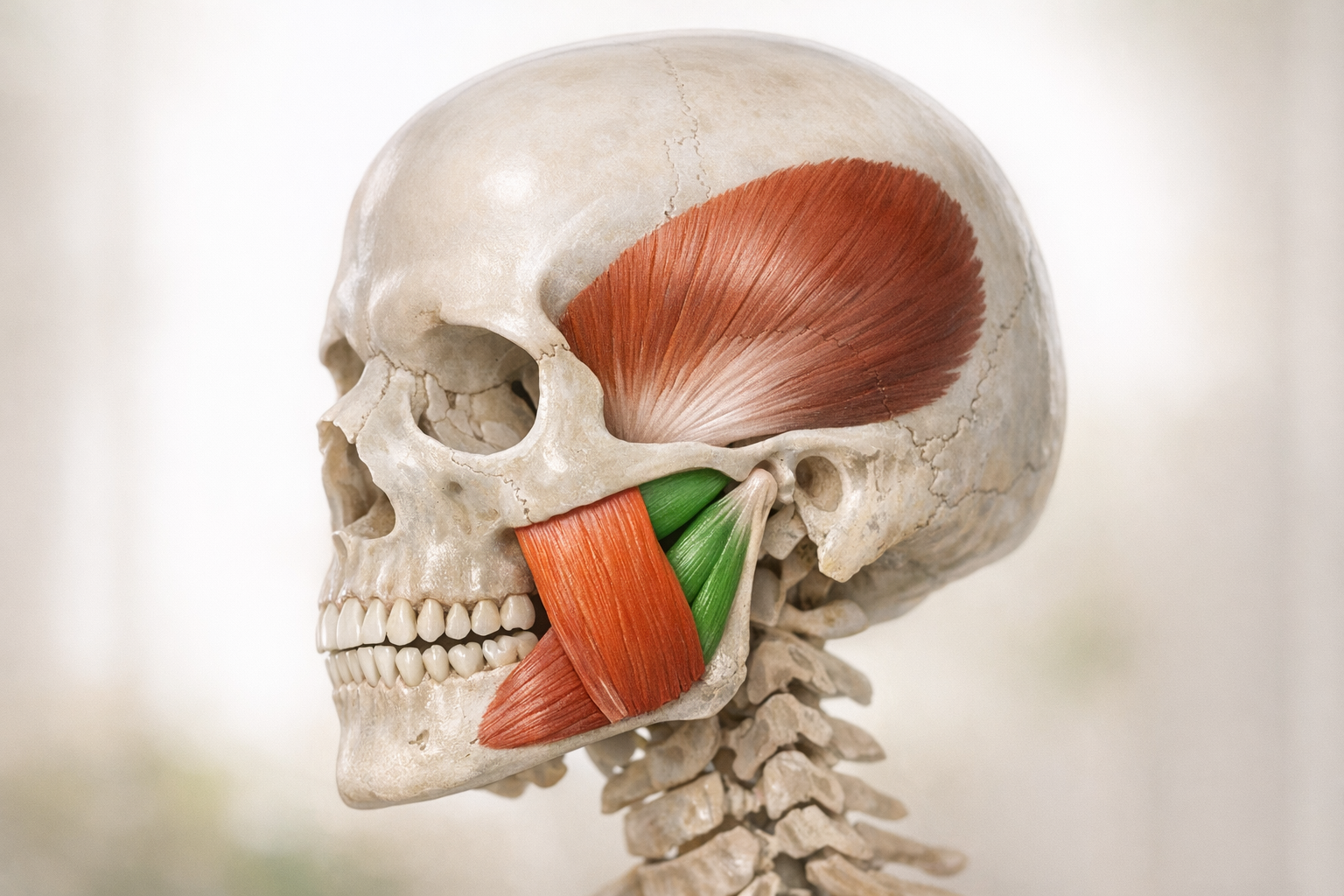 Illustrated jaw muscles highlighted on transparent skull