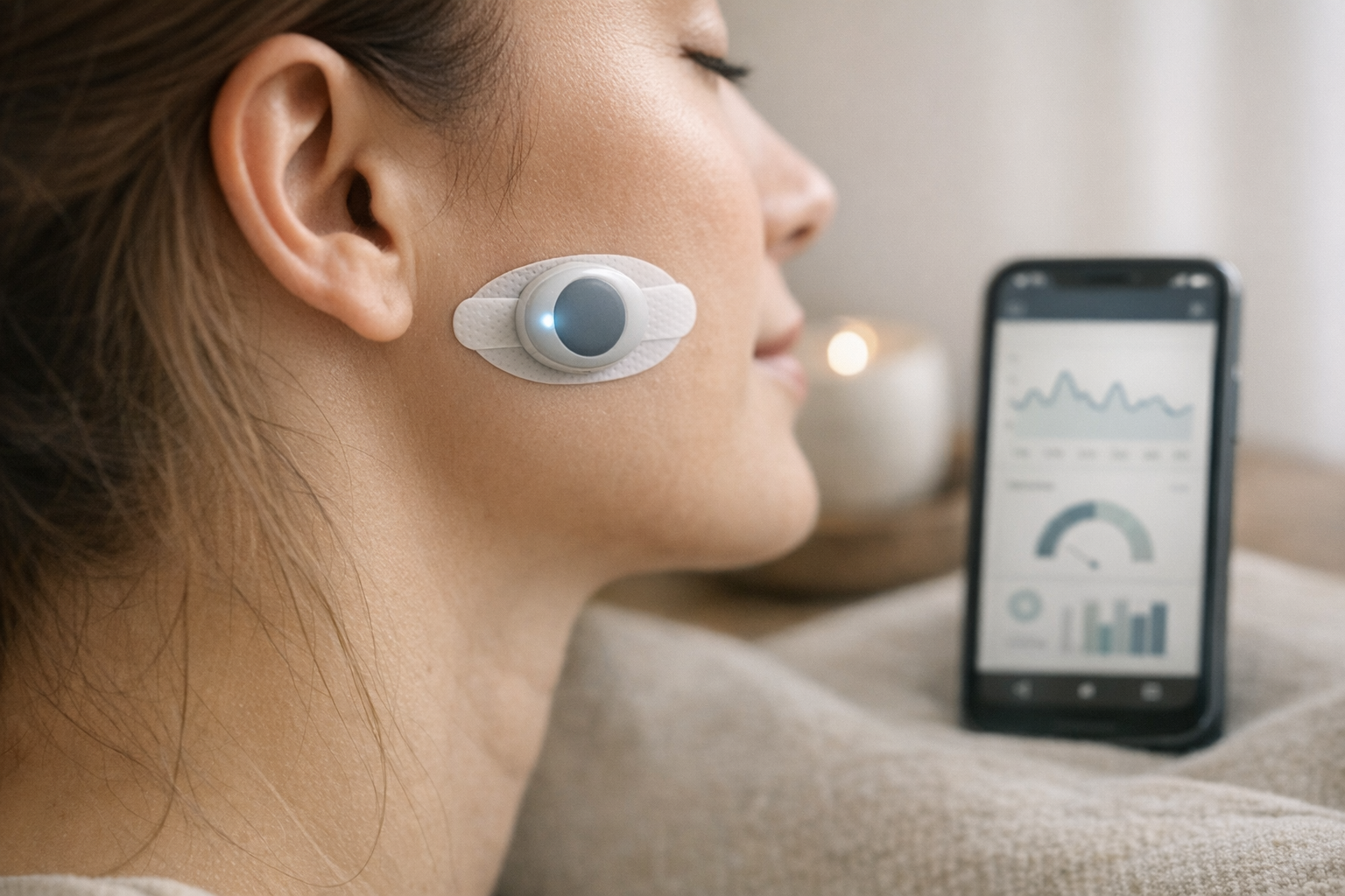 EMG sensor on masseter muscle, smartphone relaxation data