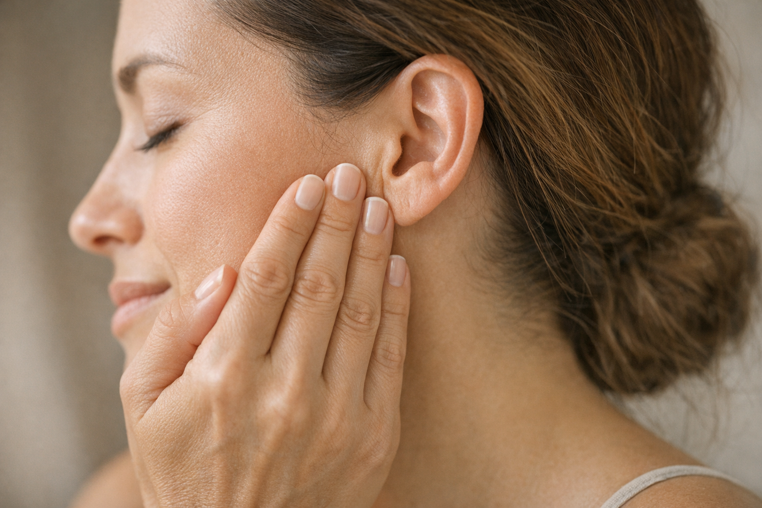 Person massaging masseter muscle near the ear