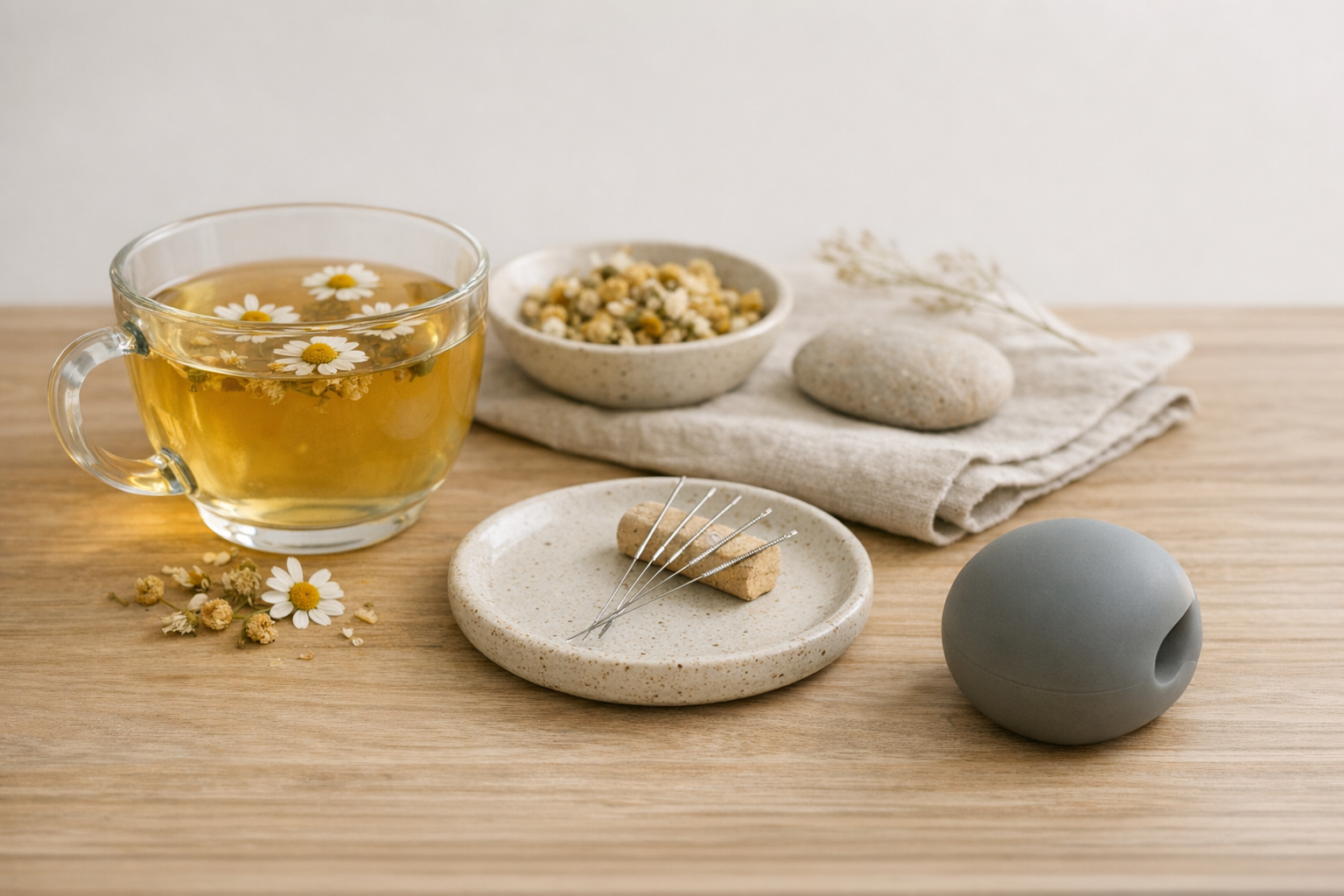 Chamomile tea, acupuncture needles, jaw exercise ball displayed