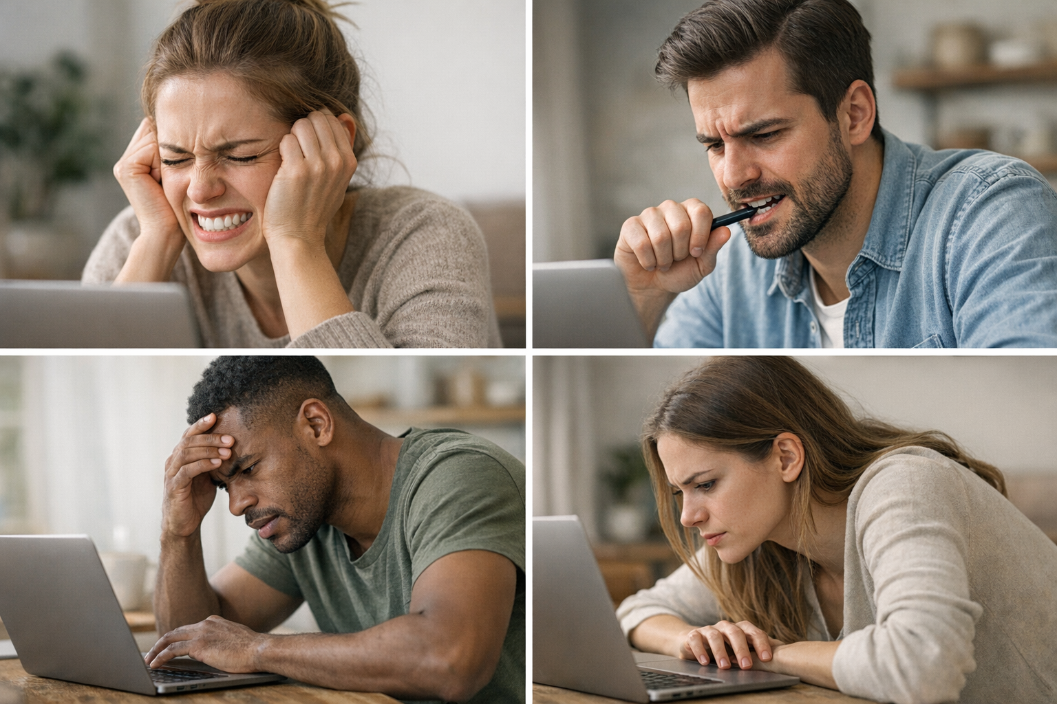 Stressed individuals clenching jaws and hunching over laptops