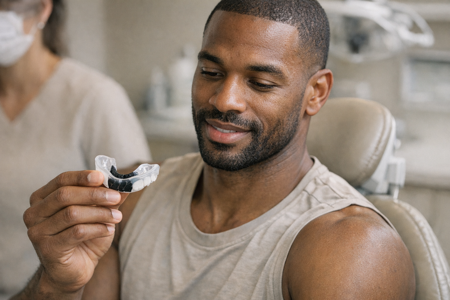 Athlete holding custom mouthguard at dental appointment