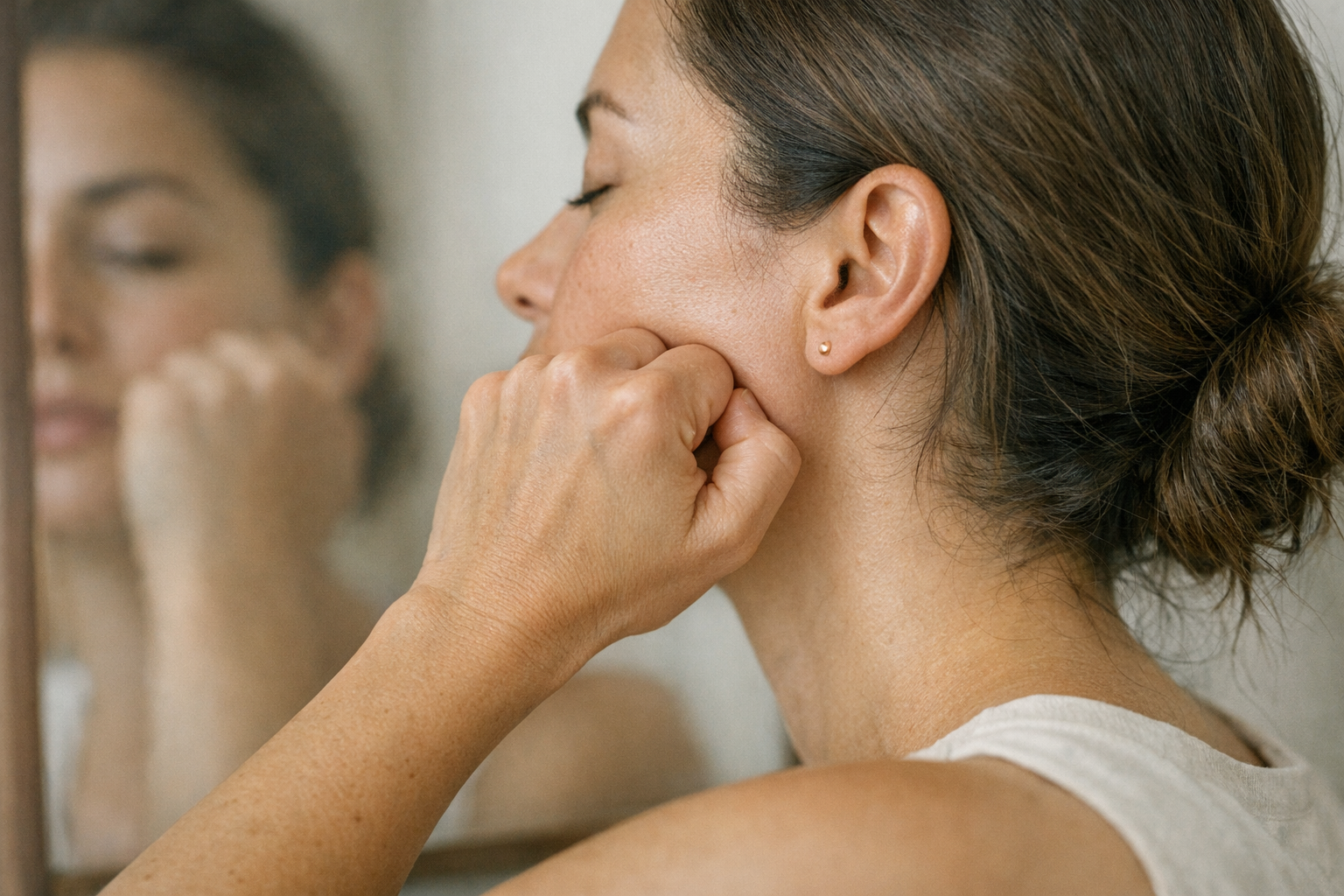 Person massaging masseter muscle with knuckles