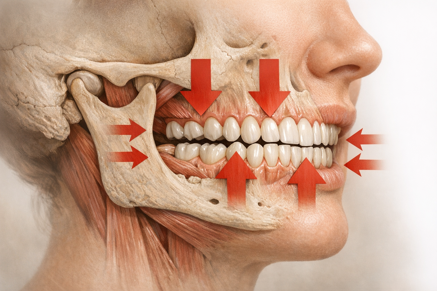 Diagram of jaw clenching with force arrows