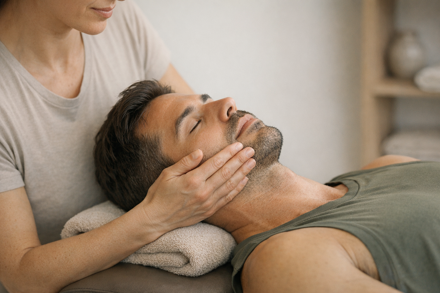 Therapist assisting athlete with jaw relaxation exercises