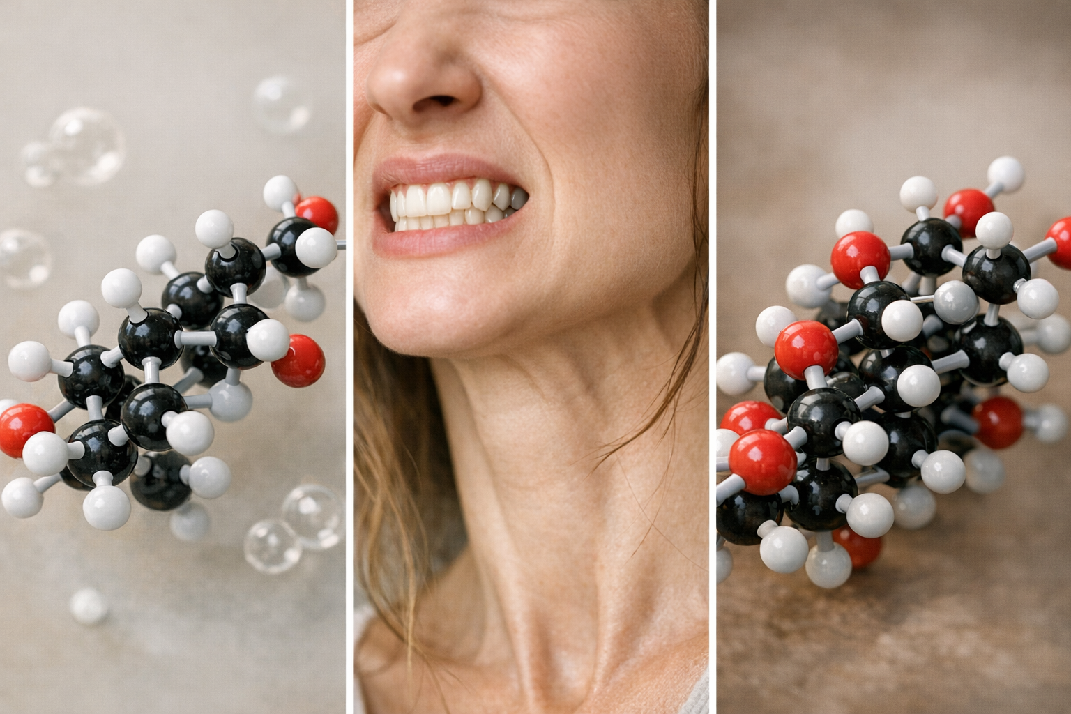 Estrogen and cortisol molecules with clenched jaw in center