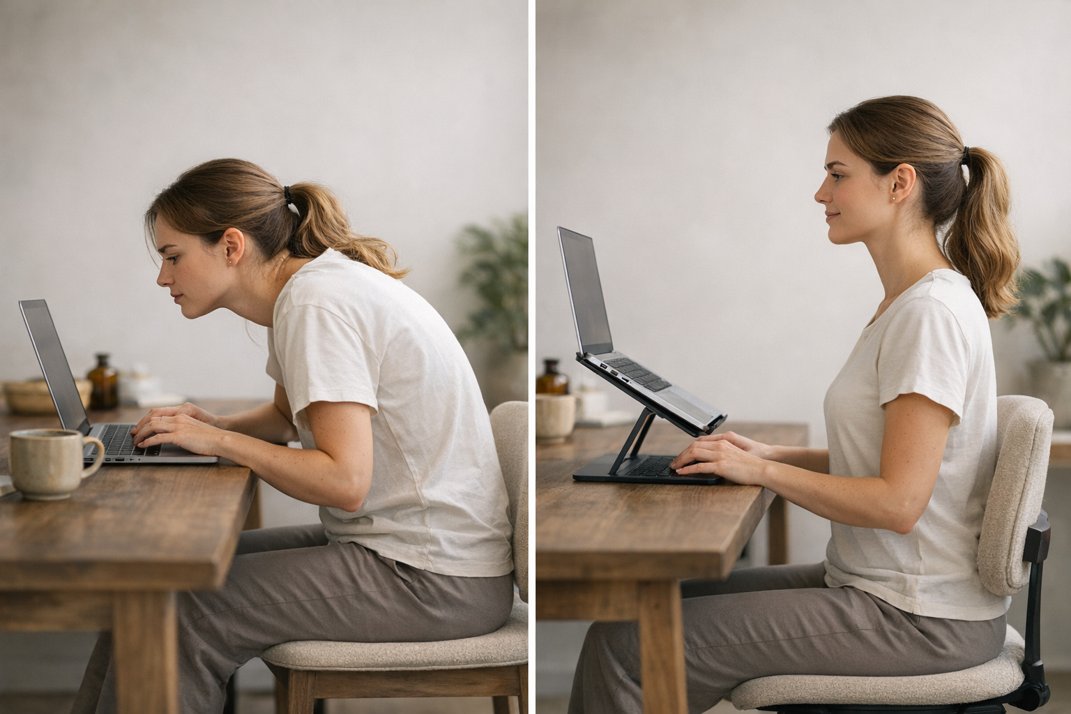 Illustration comparing poor and jaw-friendly laptop posture