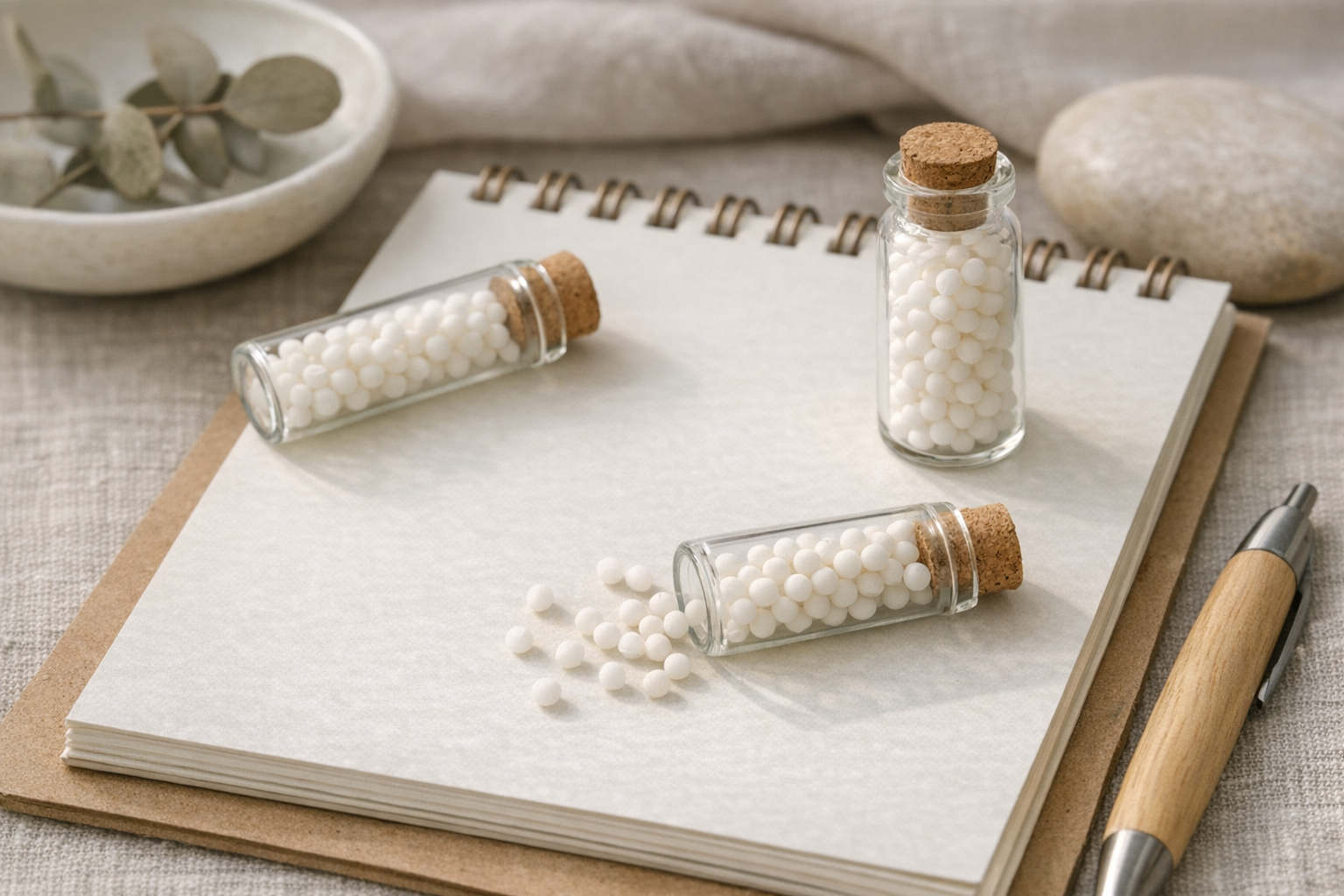 Homeopathic globules and notepad labeled “placebo or panacea”
