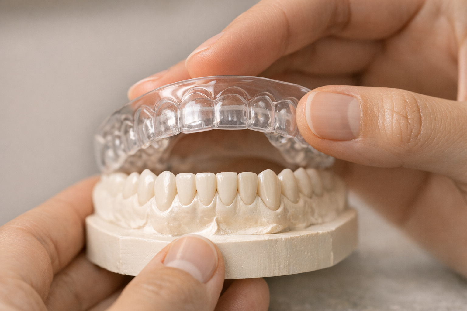 Close-up of transparent occlusal splint on dental model