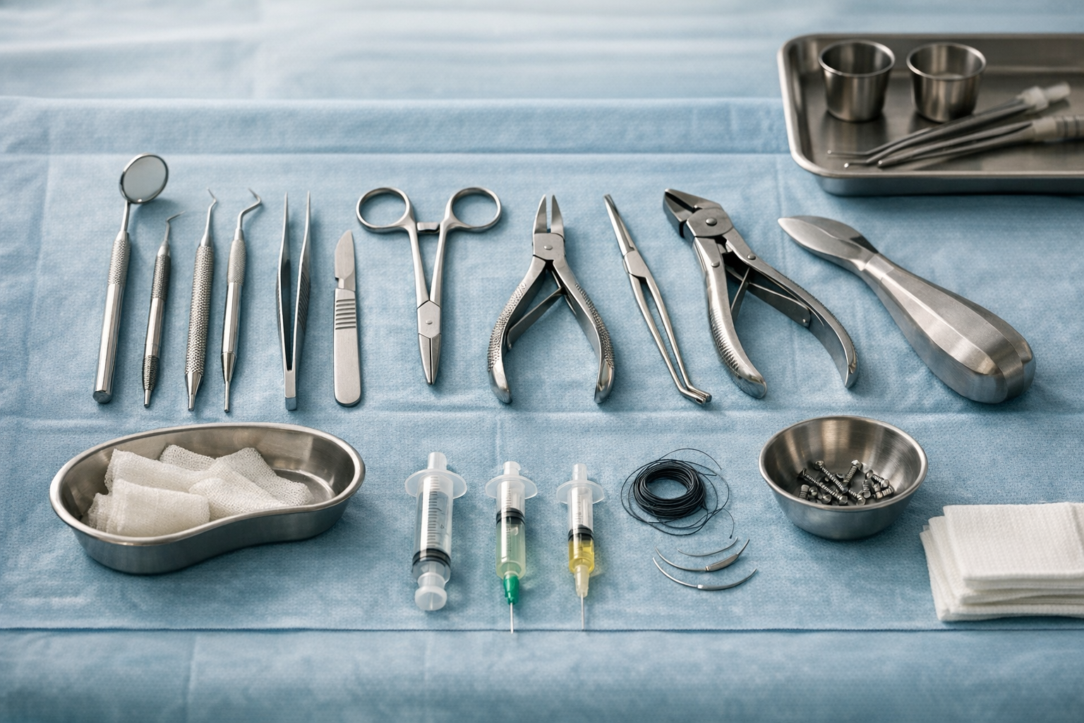 Dental surgical instruments on blue drape ready