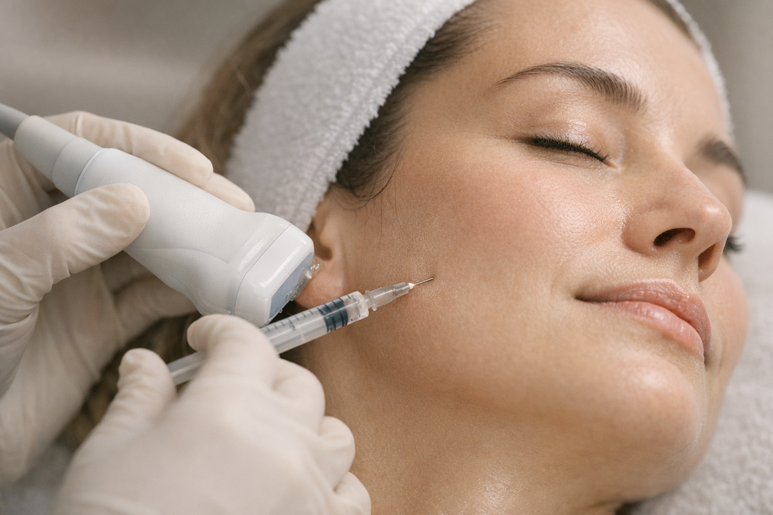 Clinician injecting botulinum toxin into masseter muscle