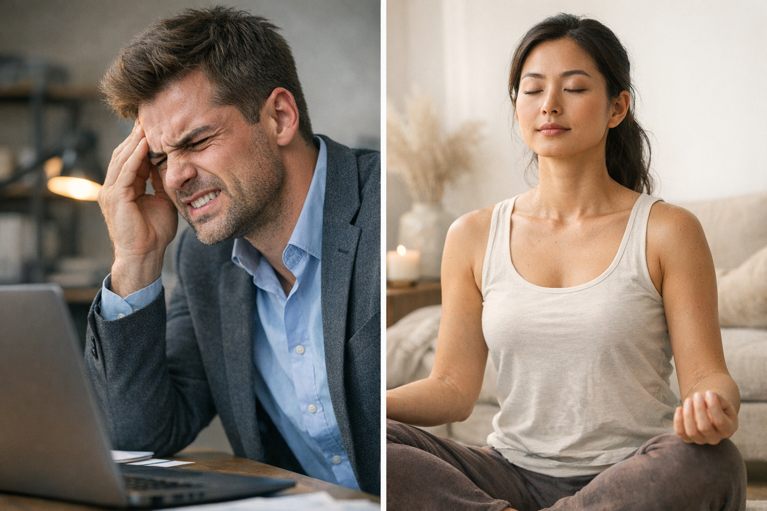 Stressed worker clenching jaw, calm person breathing mindfully