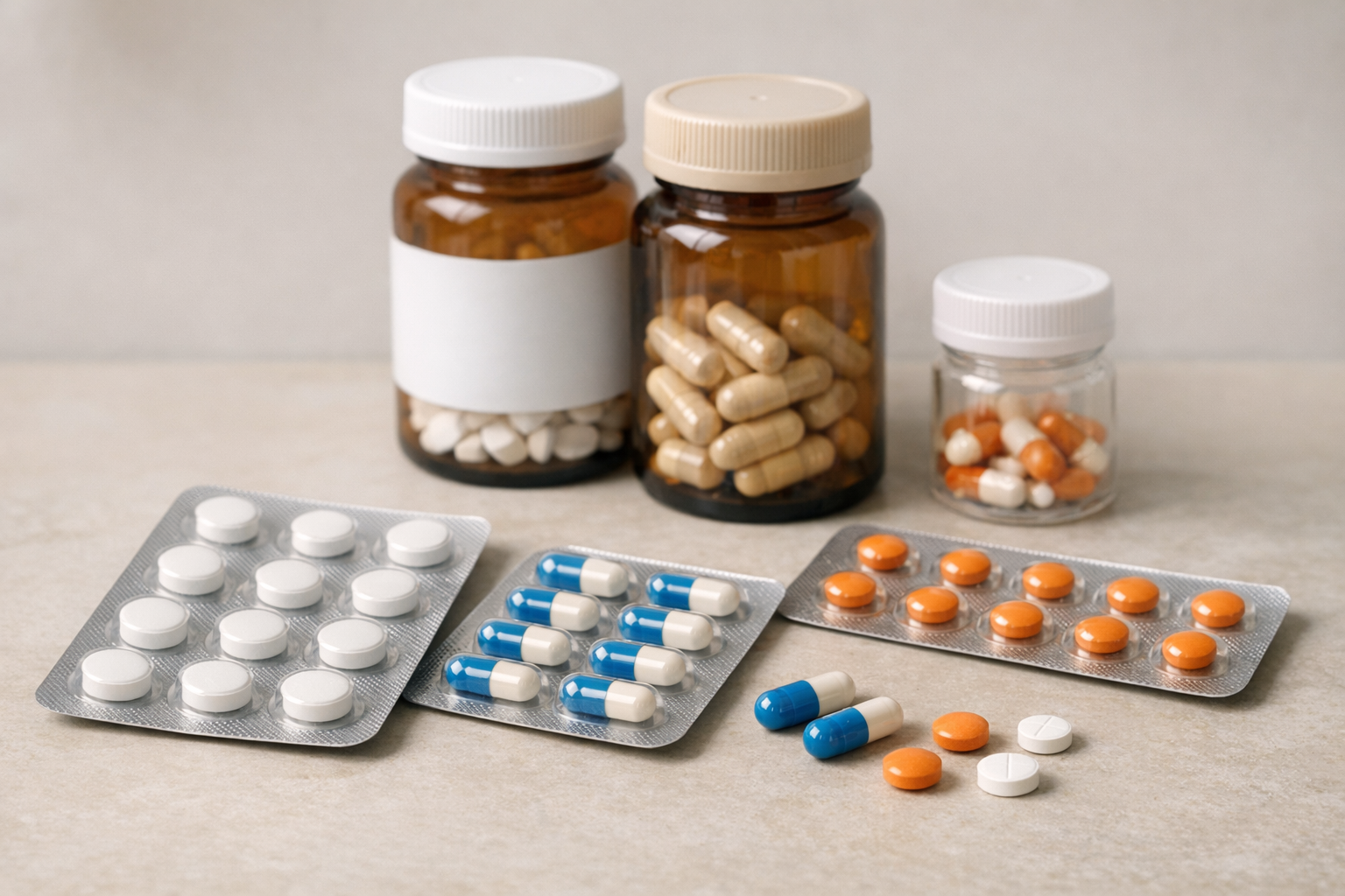 ADHD medication blister packs and bottles on display