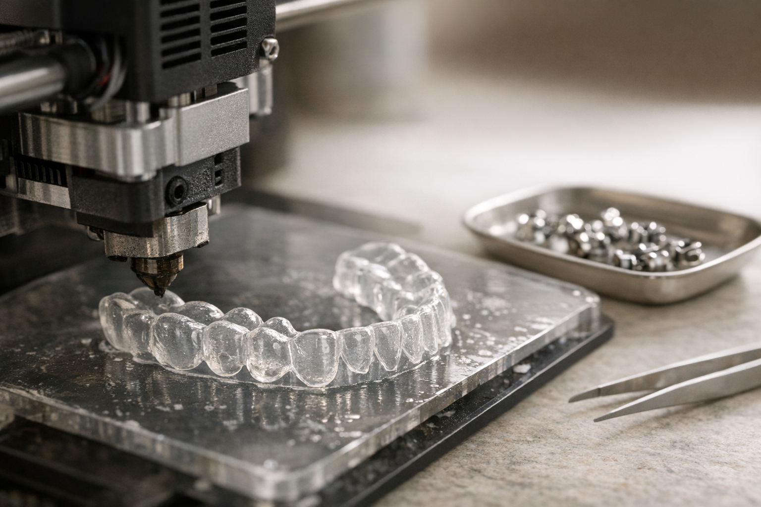 3D printer creating orthodontic mouthguard with brackets