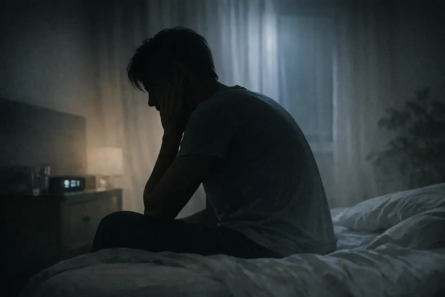 Silhouette of person with jaw pain at night