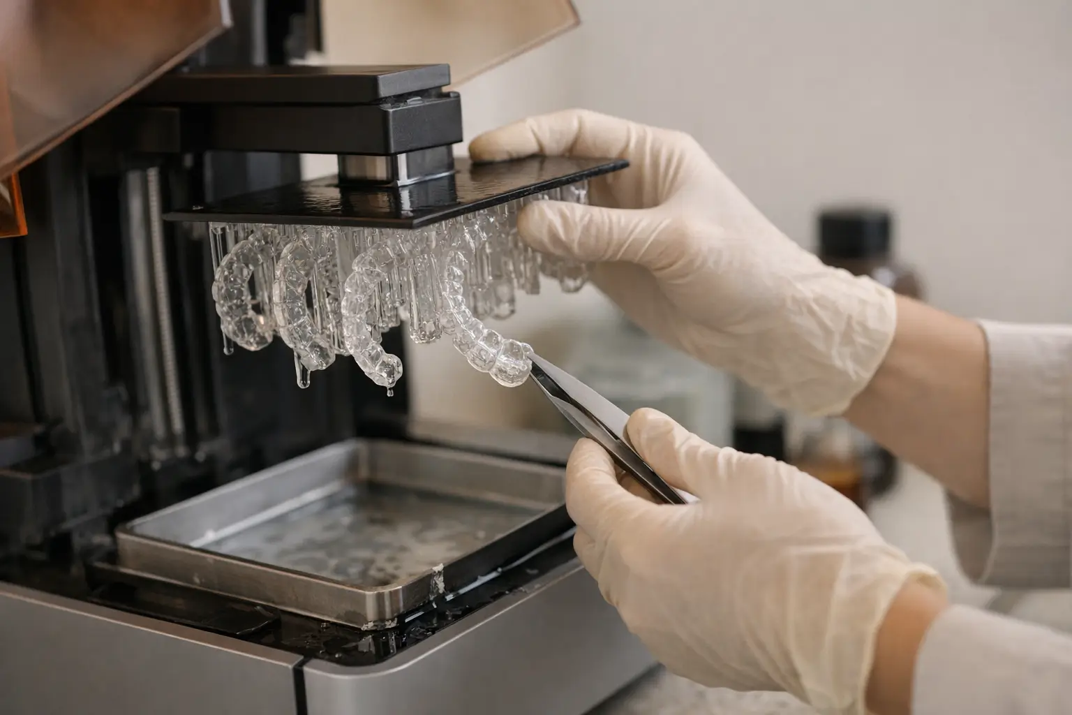 Technician extracting clear splint from 3D printer