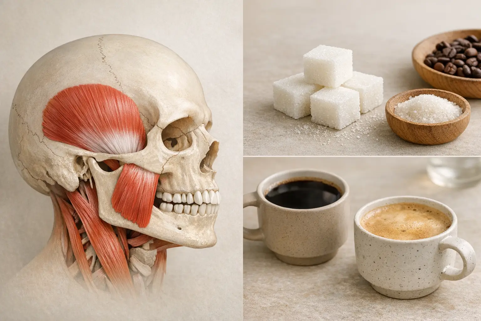 Jaw muscle diagram with sugar and coffee icons