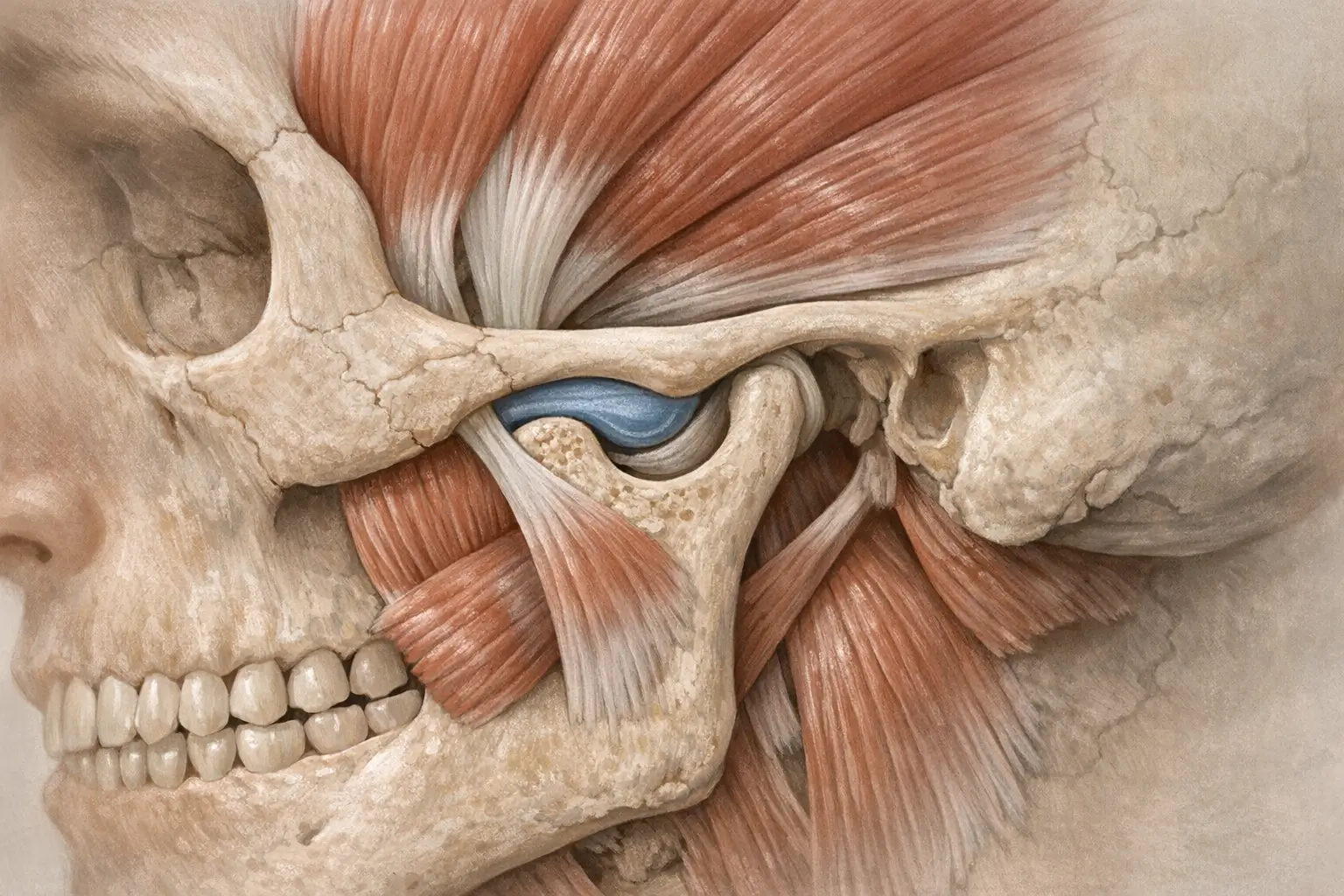 Anatomical drawing of labeled temporomandibular joint muscles