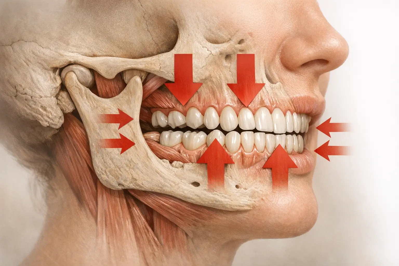 Diagram of jaw clenching with force arrows