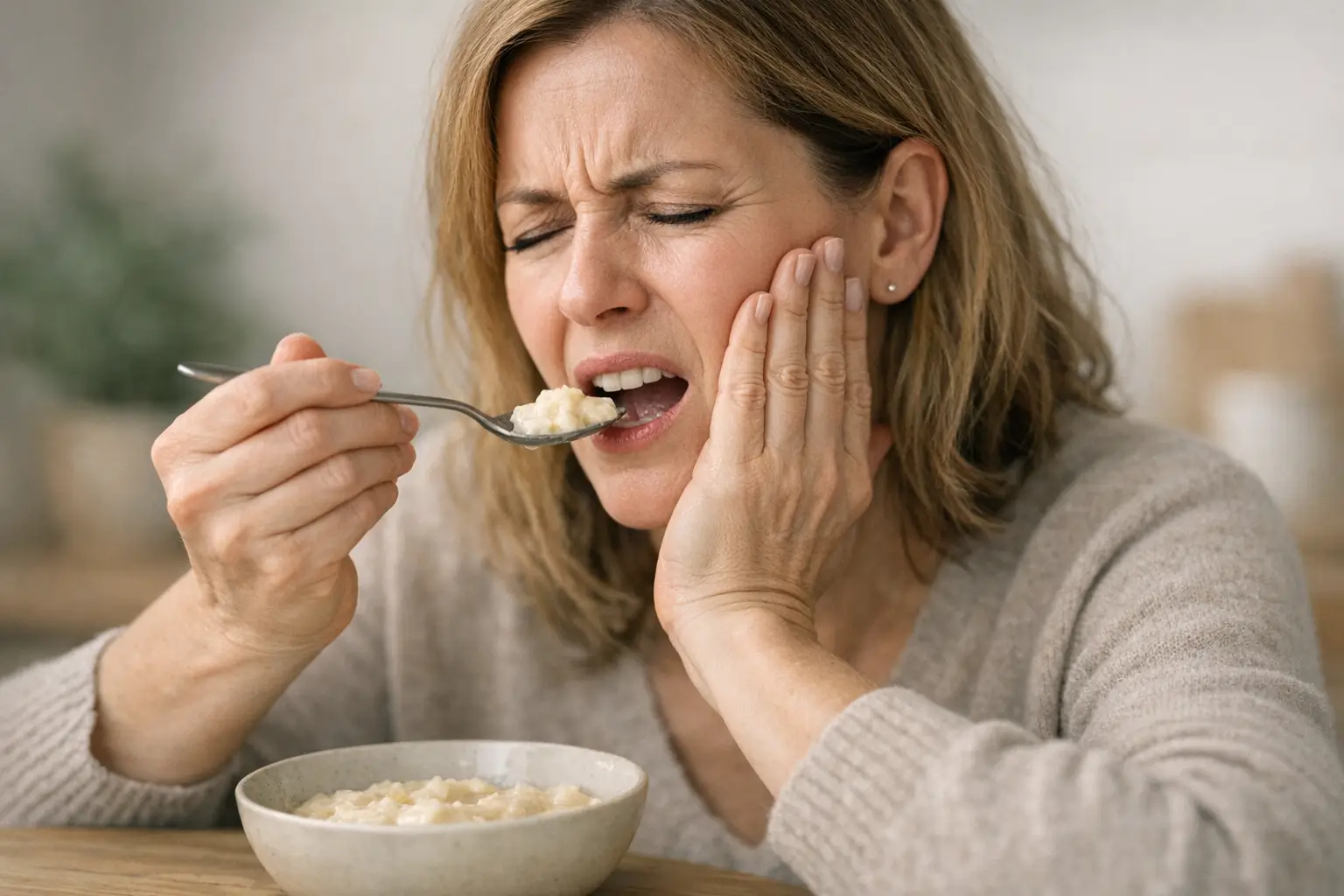 Person eating soft food with pained expression