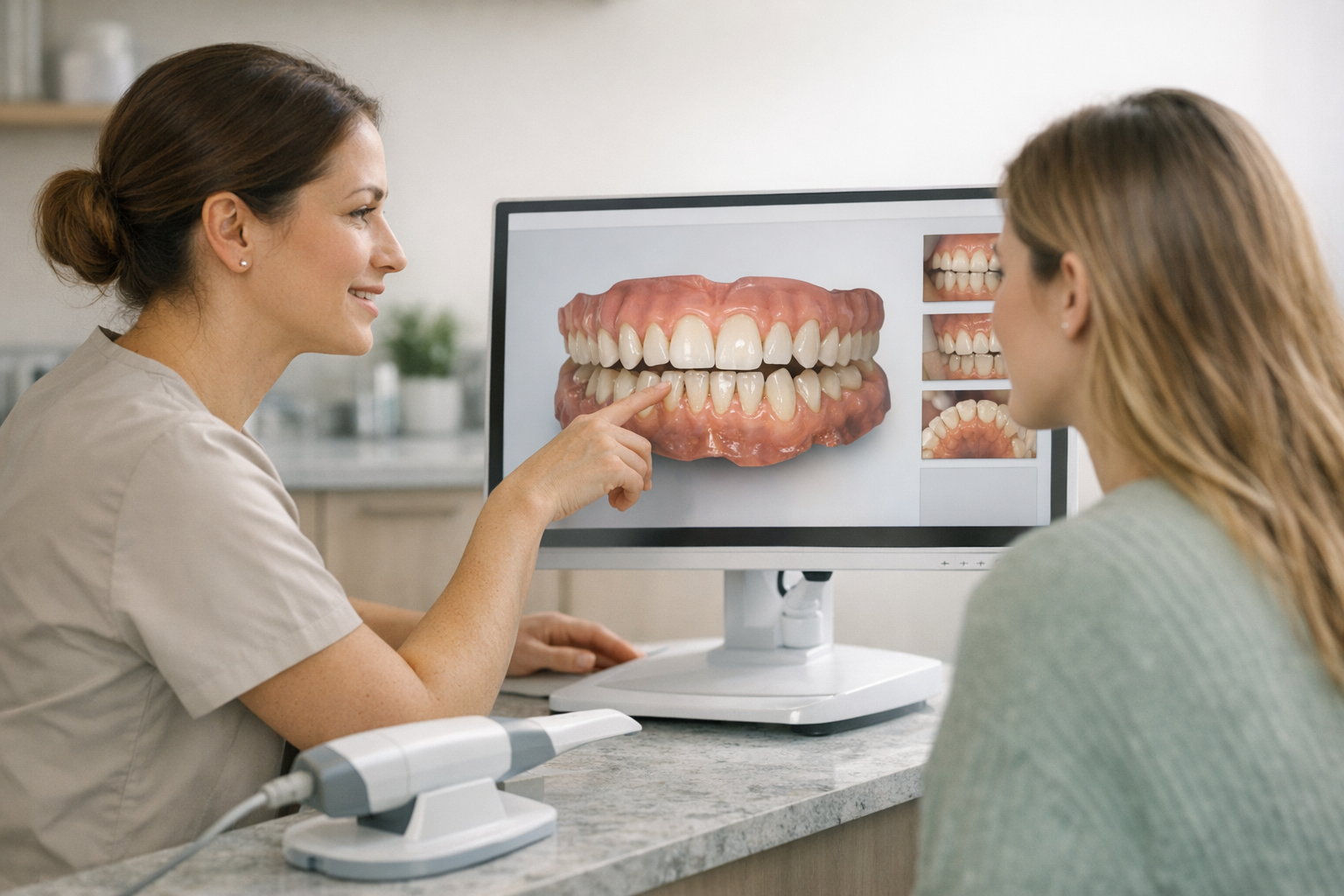 Dentist and patient reviewing 3D dental scan