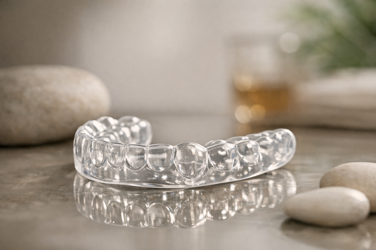 Clear dental night guard on reflective surface