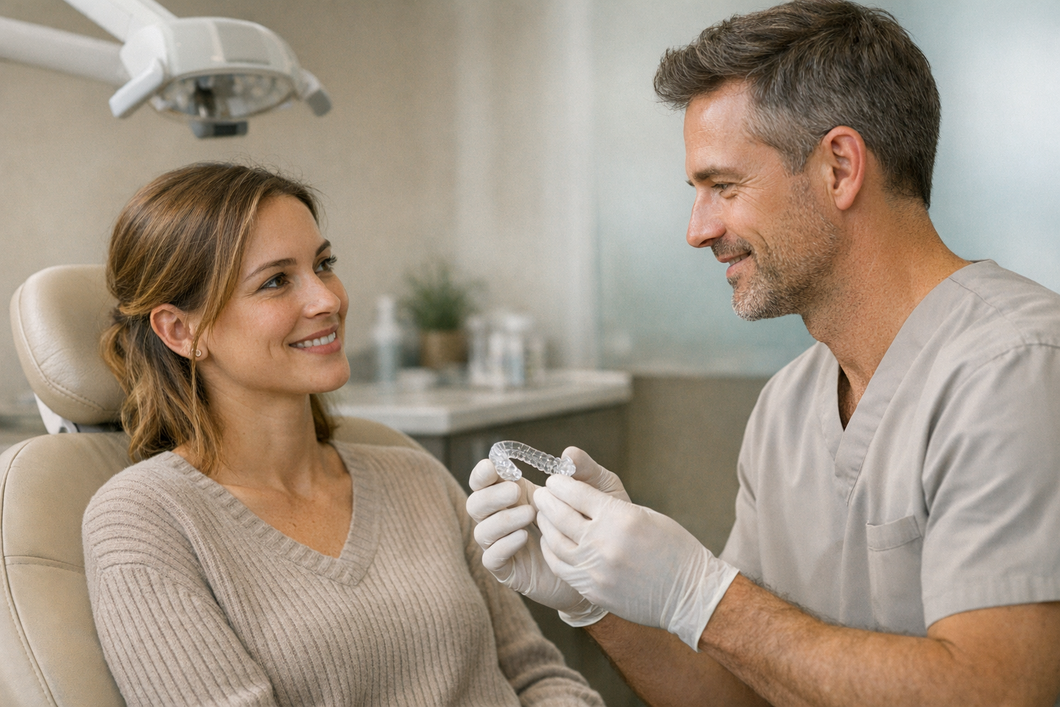 Dentist discussing custom night guard with patient