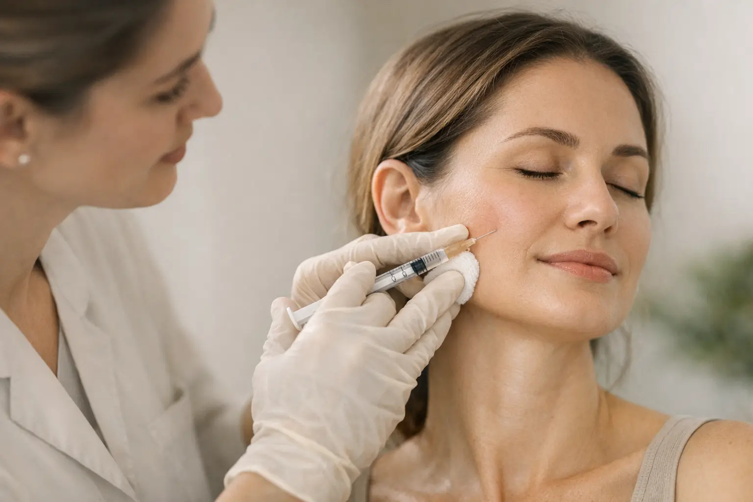 Clinician injecting BoNT-A into patient's cheek