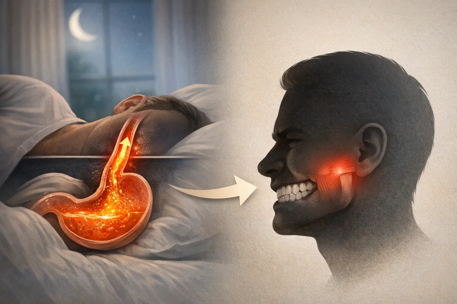 Diagram of nighttime acid reflux causing jaw clenching